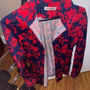Navy blue button down with red floral print.